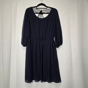 Y2K A. Byer Navy‎ Sheer 3/4 Sleeve Dress Lined Women's XL Geometric Cutout
